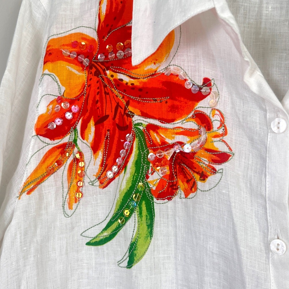 Carole Little Linen Button Down Top 2X Floral Sequin White Lily Coastal Grandma - Picture 5 of 8